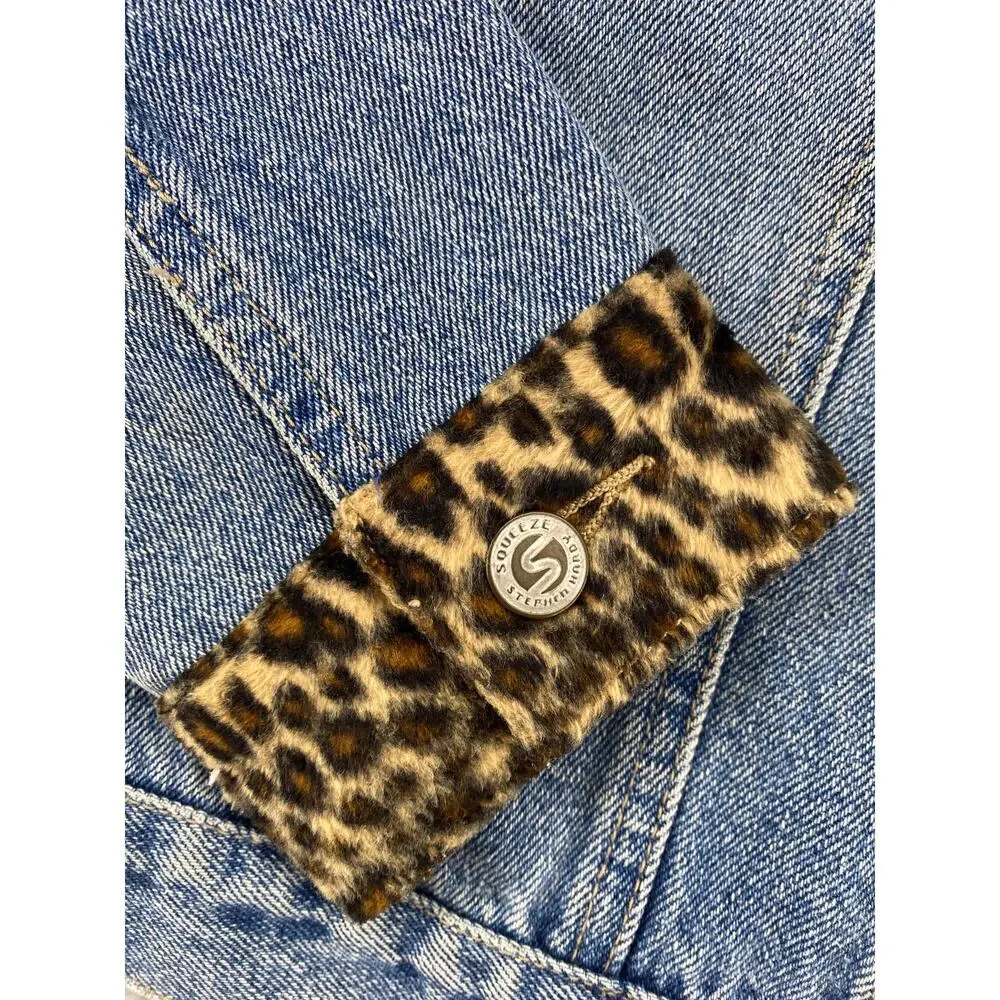 Vintage Squeeze Denim Jacket Leopard Collar Grunge Preppy Women S
